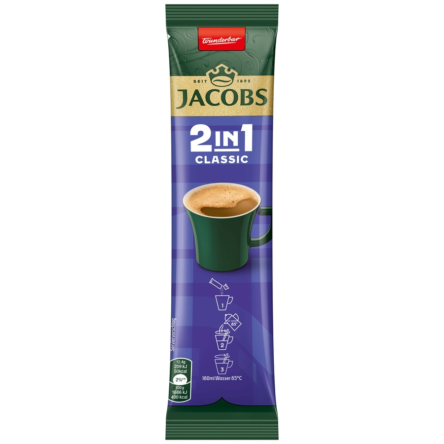 Jacobs 2in1 Classic Kaffeebeutel, mit Serviervorschlag und Nährwertangaben.
