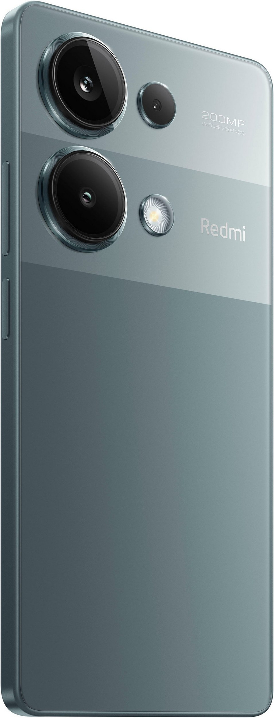 Rückseite eines grünen Smartphones mit Kamera und Blitzlicht, Redmi-Logo.