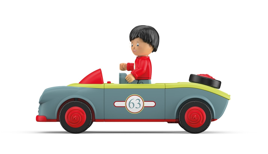 Spielzeugauto mit Fahrer, blau, rot, gelb, Nummer 63, Kinderspielzeug, Rennwagen