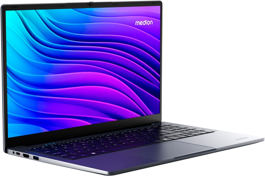 Ein Medion Laptop mit einem bunten Hintergrund auf dem Bildschirm.