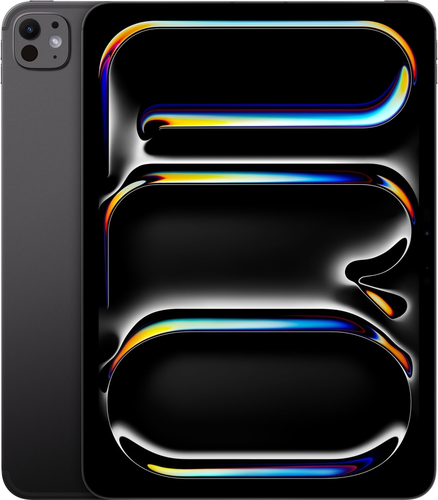 Dunkelgraues iPad mit abstraktem, farbenfrohem Design auf dem Bildschirm.