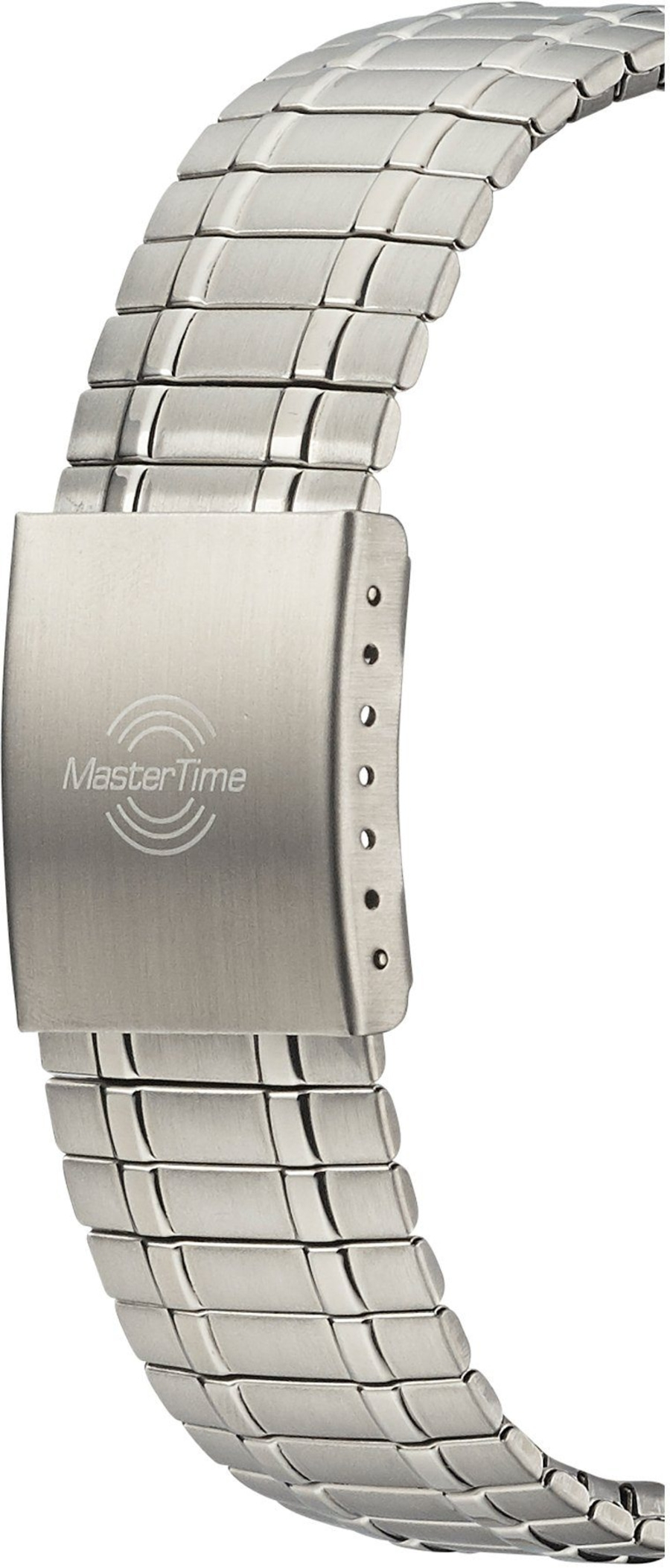 Metall-Armbanduhr mit MasterTime-Logo und Gliedern, Nahaufnahme, silberfarben