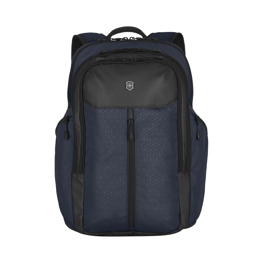 Blauer Rucksack mit schwarzem Design und Reißverschluss, perfekt für den Alltag.