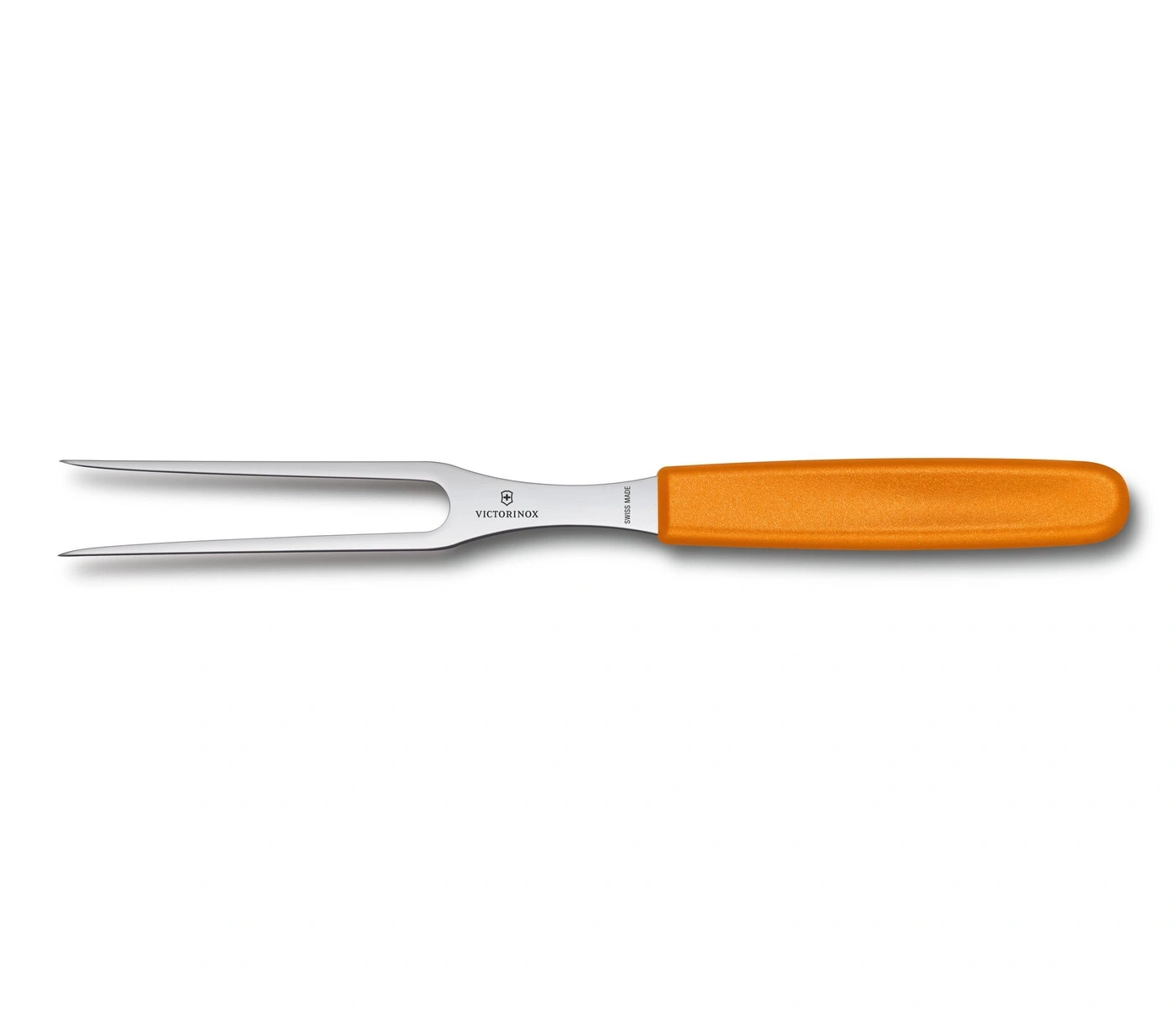Ein orangefarbener Fleischgabel mit dem Victorinox Logo auf weißem Hintergrund.