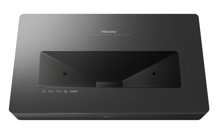 Hisense 4K Smart Laser-Fernseher. Schwarzes Gehäuse, Logos, Frontansicht, Technologie.