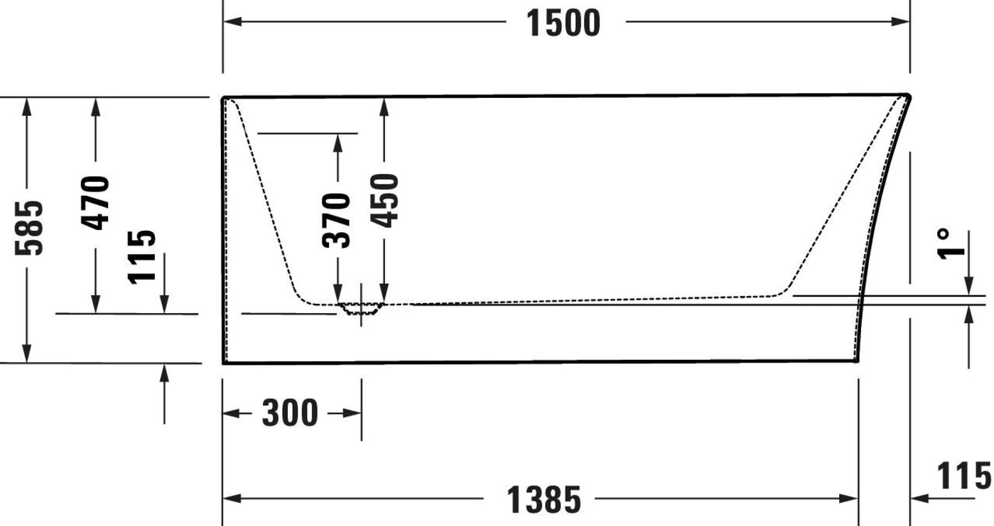 Badewanne mit Maßen: 1500x585x115 mm, 1 Grad Neigung, 300 mm Breite
