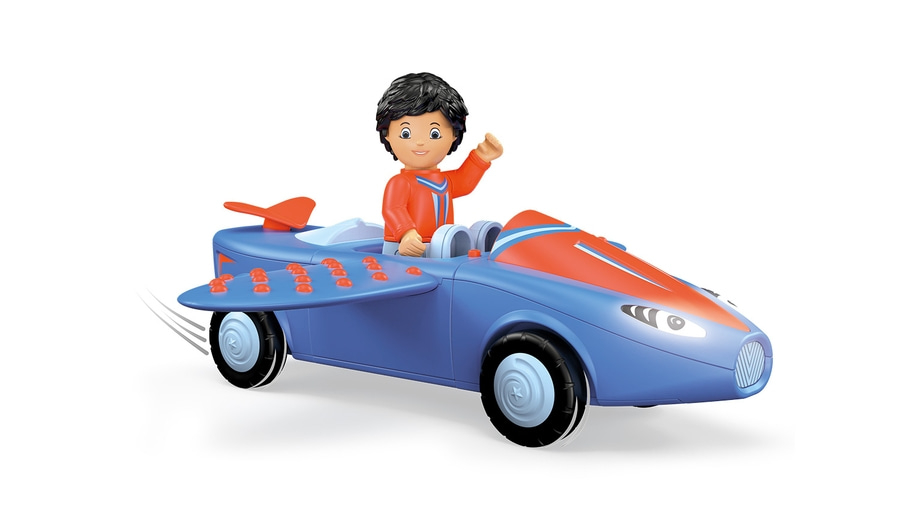 Spielzeugauto mit Fahrer, blau und orange, winkend, isoliert