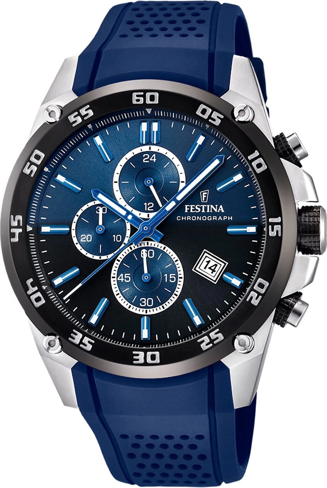 Blauer Festina Chronograph mit silbernen Akzenten und Datumsanzeige bei 14 Uhr