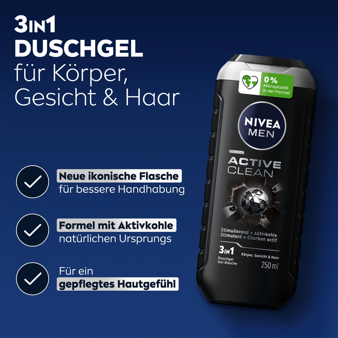 Nivea Men Duschgel Active Clean mit Aktivkohle für Körper, Gesicht & Haar, 250 ml