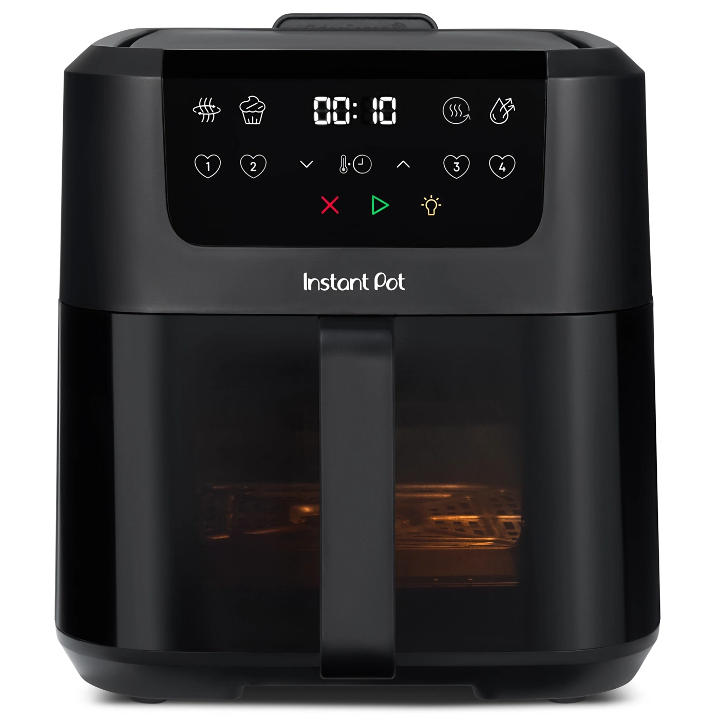 Schwarze Instant Pot Heißluftfritteuse mit digitalem Display und Griff.