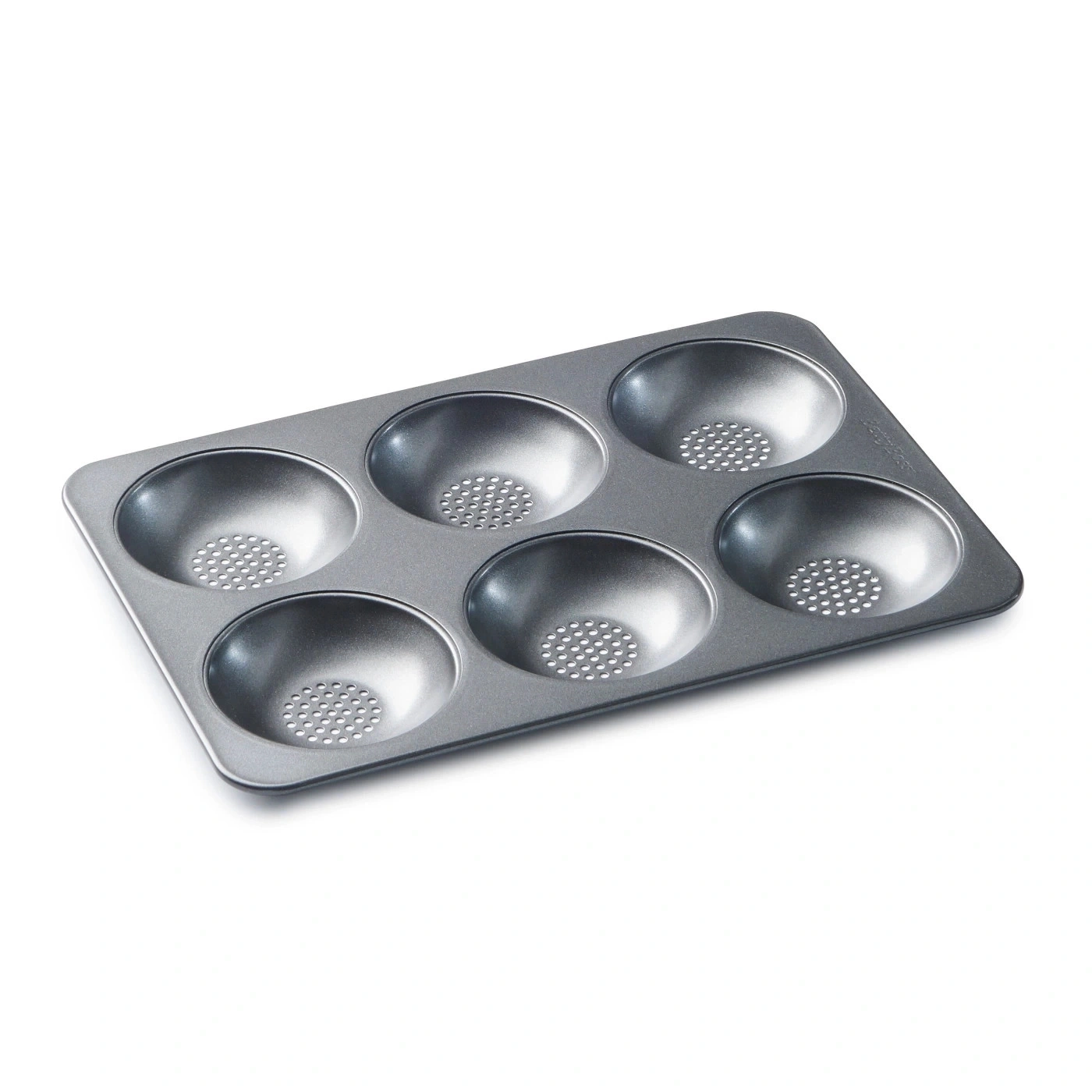 Graue Backform mit sechs runden Mulden für Muffins oder Cupcakes.