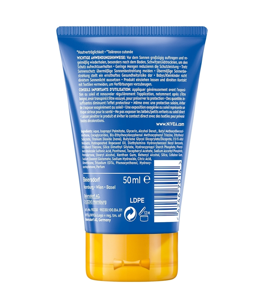 Sonnencreme-Tube mit Inhaltsstoffen, Anwendungshinweisen und Herstellerinformationen.