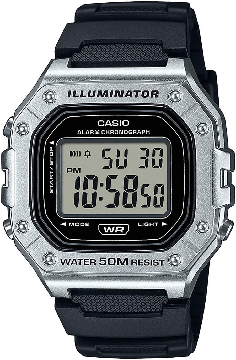 Casio Uhr mit digitaler Anzeige, silbernes Gehäuse, schwarzes Armband, Illuminator, Alarm Chronograph.