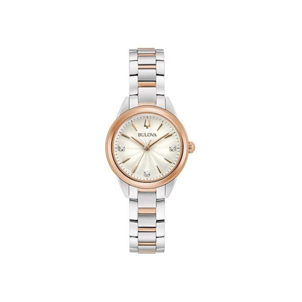 Bulova Damenuhr mit silbernem Zifferblatt und roségoldfarbenen Akzenten