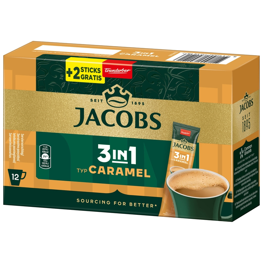 Jacobs 3in1 Caramel Kaffee-Packung mit 12 Sticks und zusätzlichen Sticks