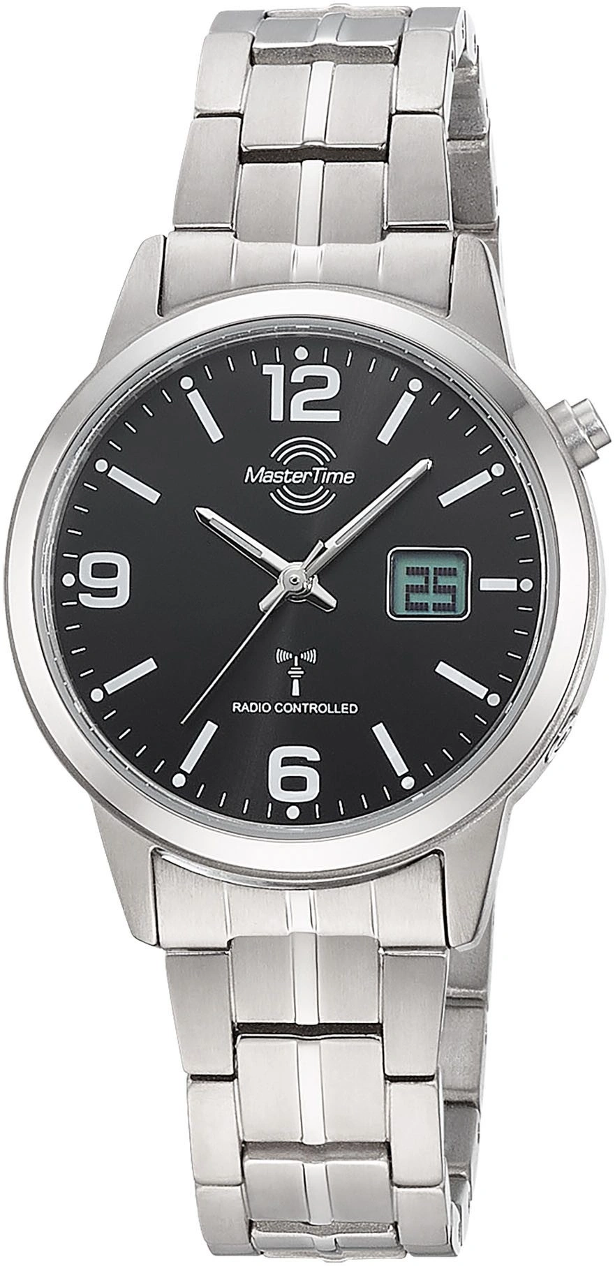 Herrenarmbanduhr mit schwarzem Zifferblatt und silbernem Armband
