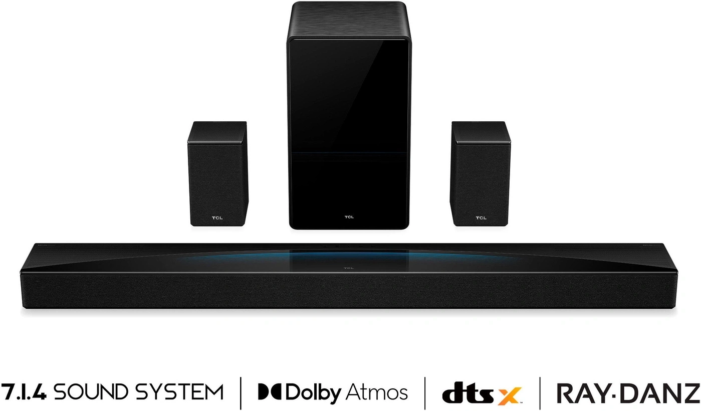 Ein schwarzes TCL 7.1.4 Sound System mit Dolby Atmos und DTS:X