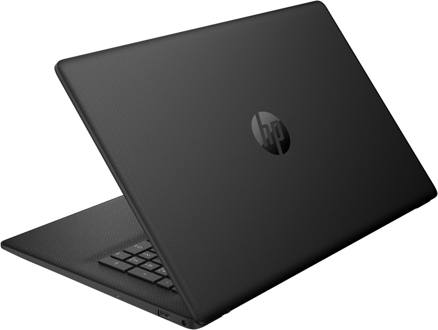 Schwarzer HP Laptop im oberen Winkel mit geöffnetem Bildschirm und Tastatur