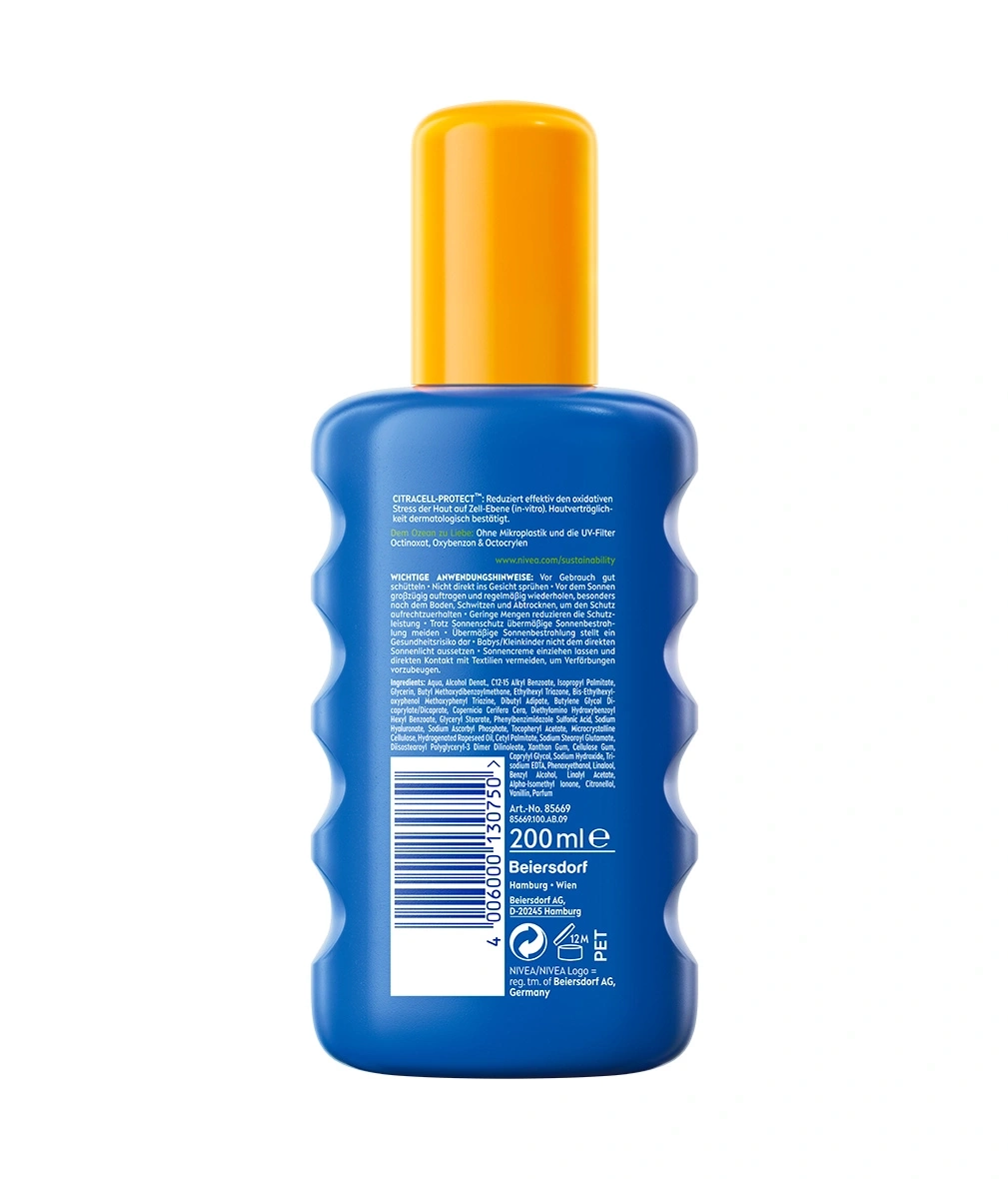 Eine blaue Flasche mit einem orangefarbenen Verschluss