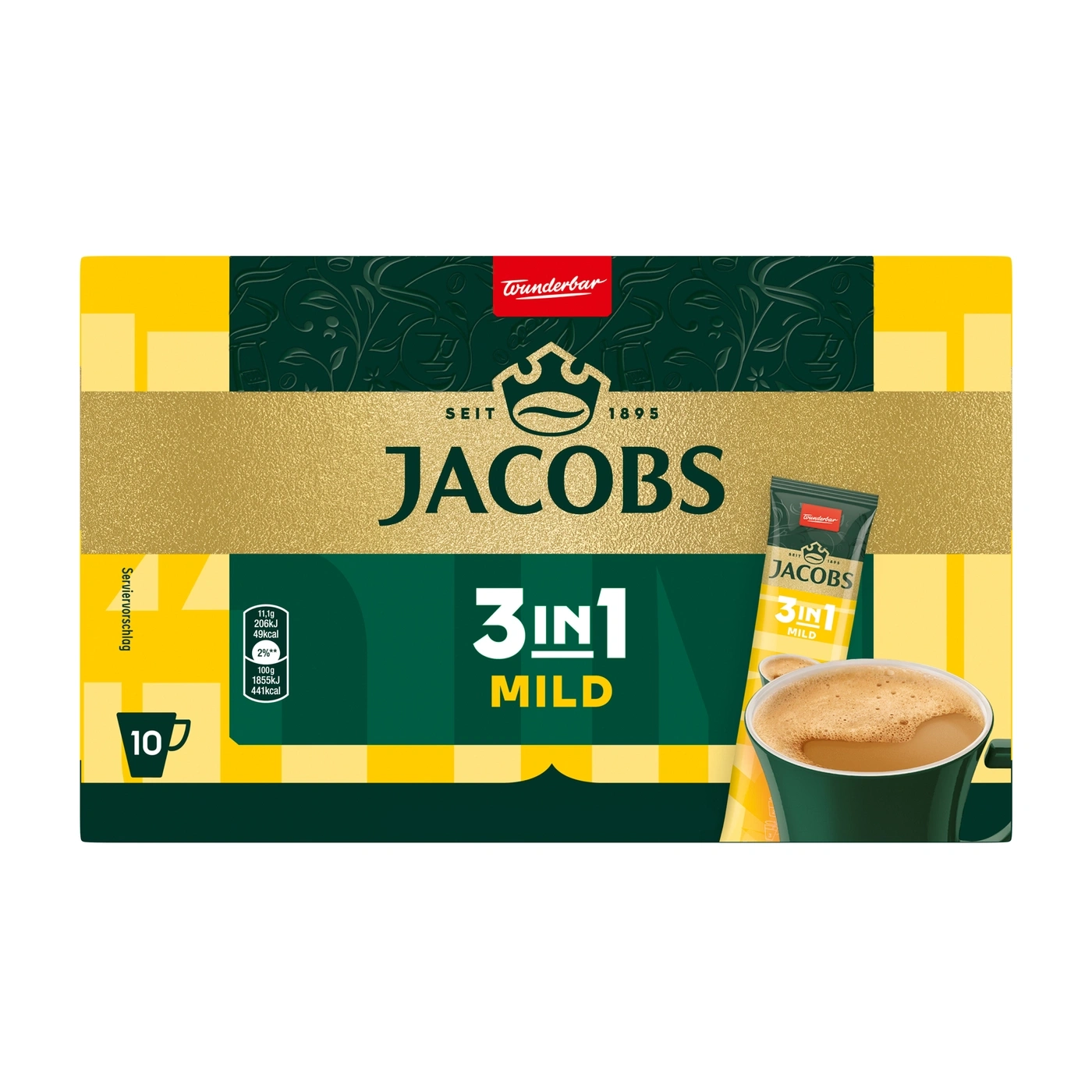 Jacobs 3in1 Mild Kaffee mit Tasse und Packung