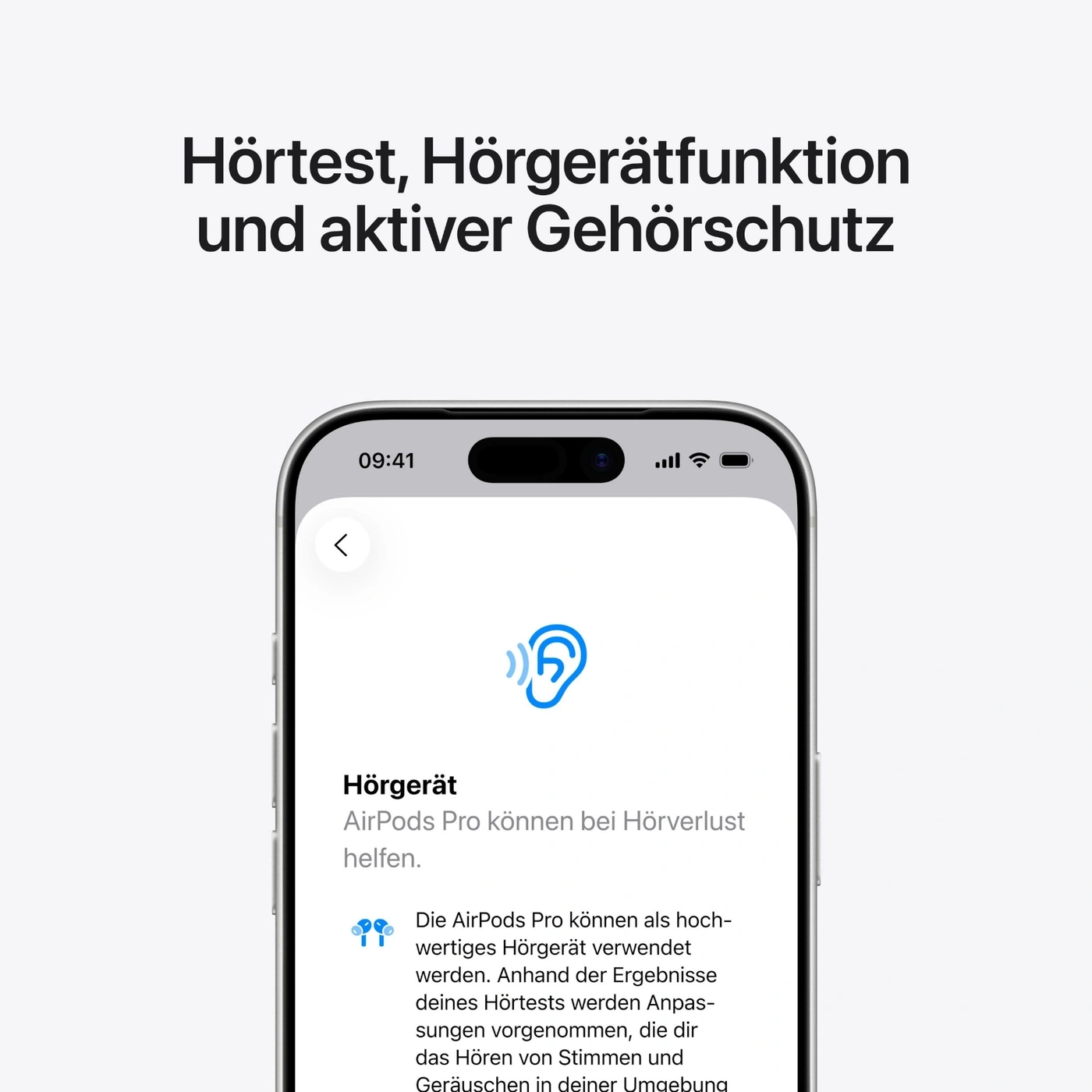 Ein iPhone zeigt die Hörgerät-Funktion mit einem Ohr-Symbol und Text.