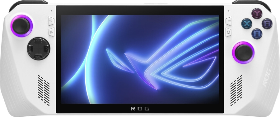 Weißer Handheld-Gaming-PC mit leuchtendem Bildschirm und Steuerelementen.