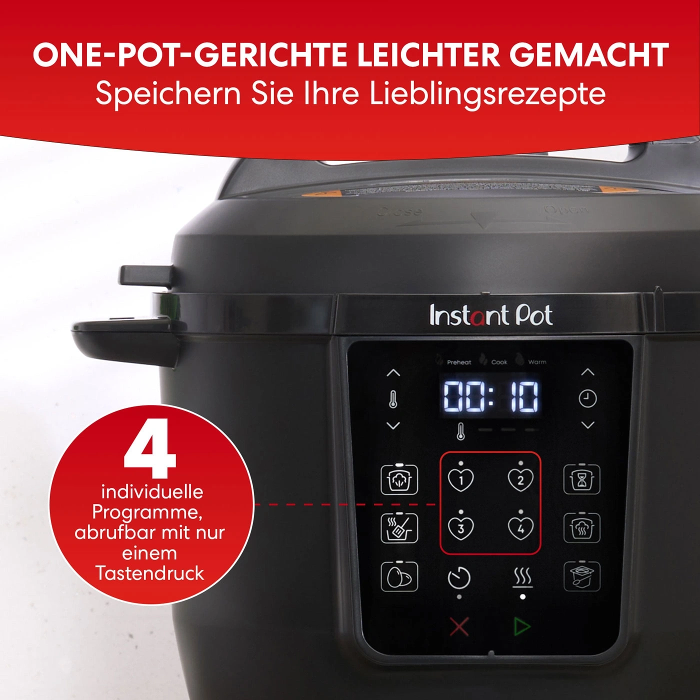 Instant Pot mit vier Herz-Symbolen für individuelle Programme