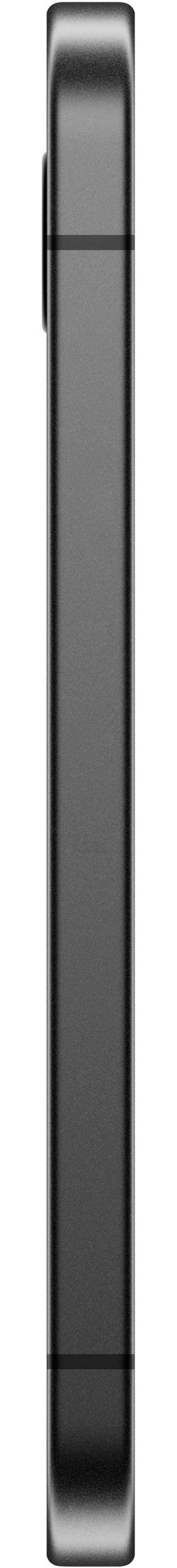 Ein dunkles, rechteckiges Objekt mit abgerundeten Ecken und einem schwarzen Band in der Mitte.