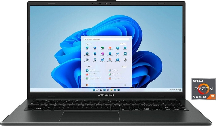 Laptop mit Windows-Oberfläche, Suchleiste und AMD Ryzen 3-Logo.