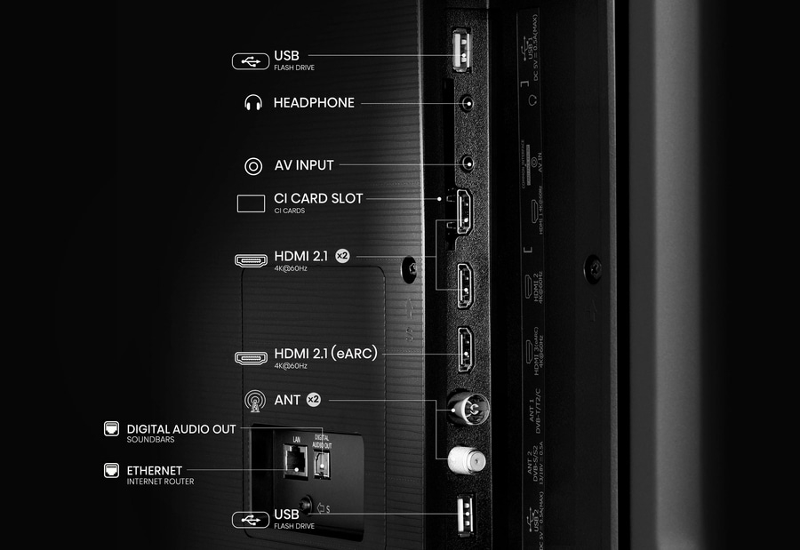 Rückseite eines Fernsehers mit Anschlüssen wie HDMI, USB, Antenne und Ethernet.