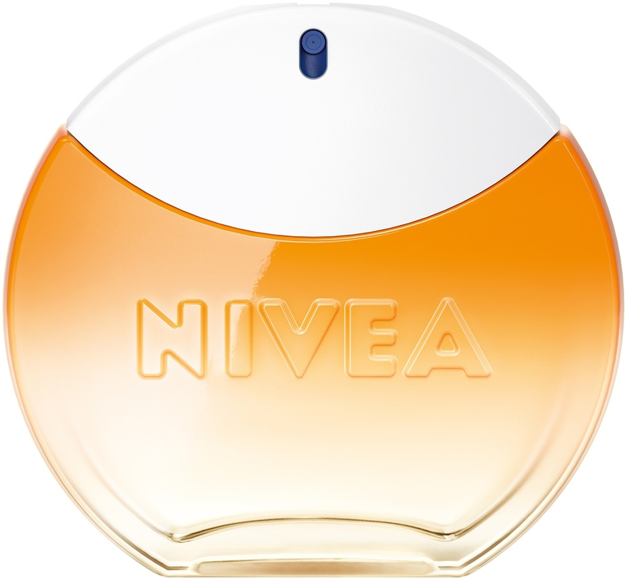 Nivea-Parfümflasche, orangefarbenes Glas, weißer Deckel, blauer Sprühkopf, Markenlogo