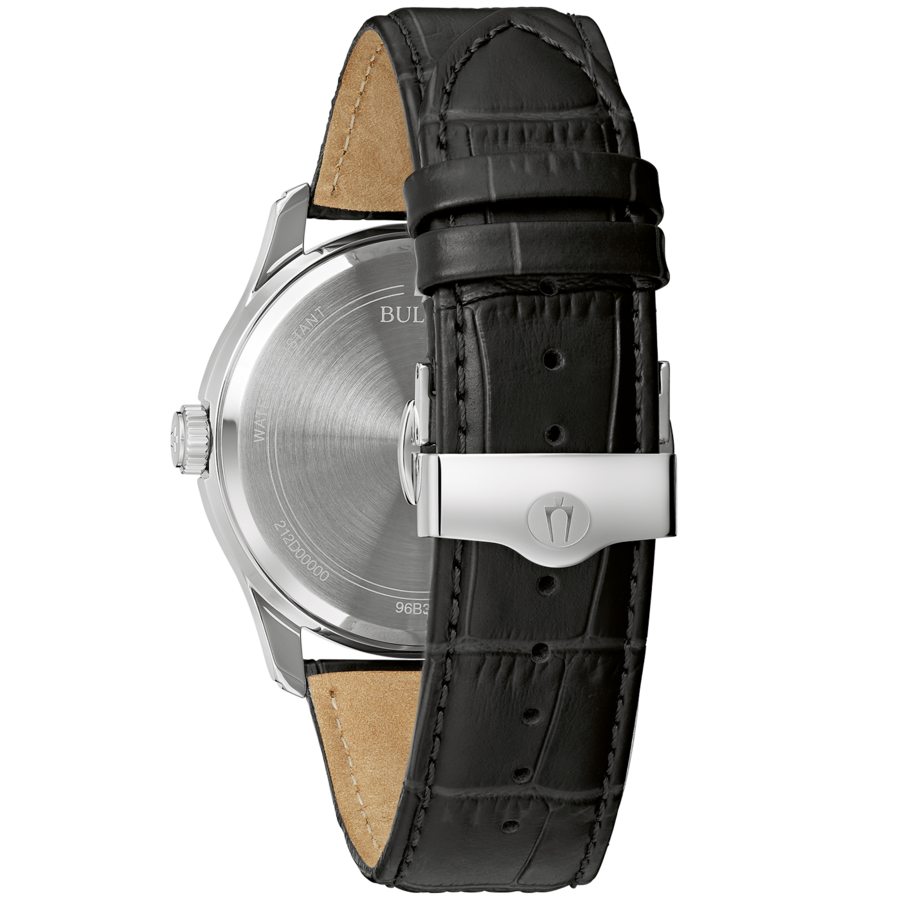 Nahaufnahme einer Uhr mit schwarzem Lederarmband und silberner Schnalle