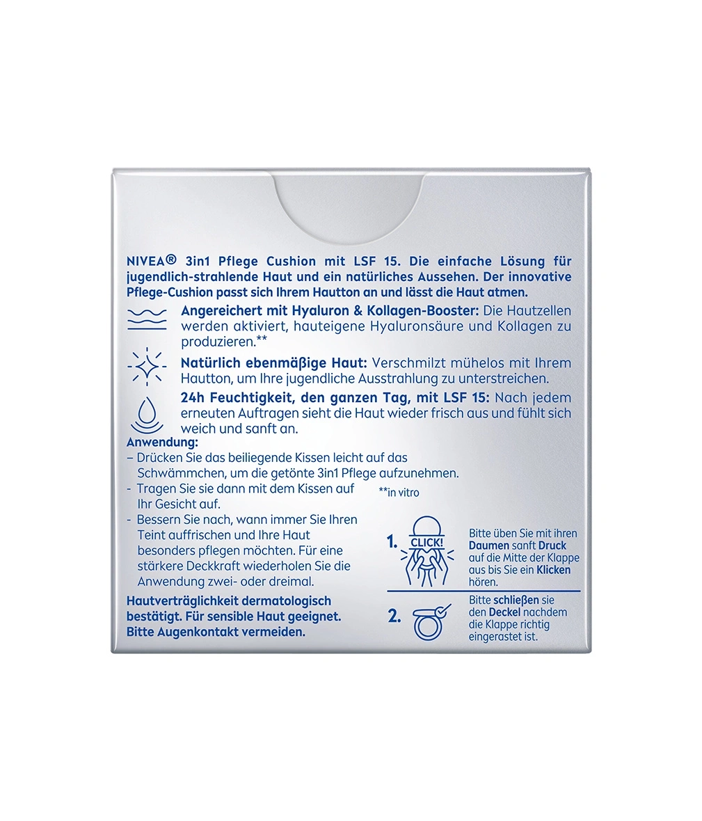 NIVEA 3in1 Pflege Cushion, Hautpflege, Anwendung, Beschreibung, Anleitung, Produkt, Text, Bild, Verpackung, Kosmetik