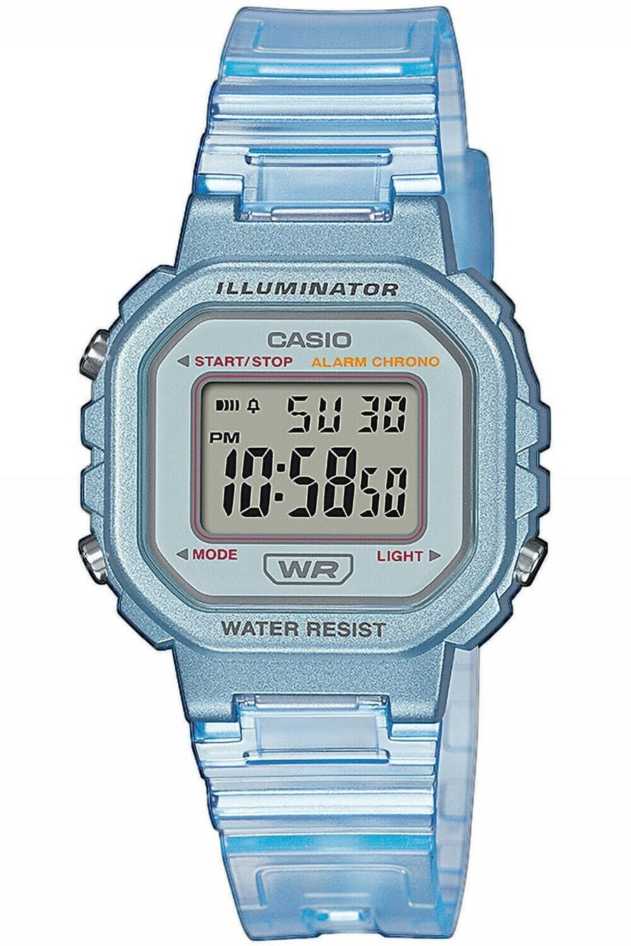 Blaue Casio-Uhr mit digitaler Anzeige, Wasserfestigkeit und Beleuchtung.