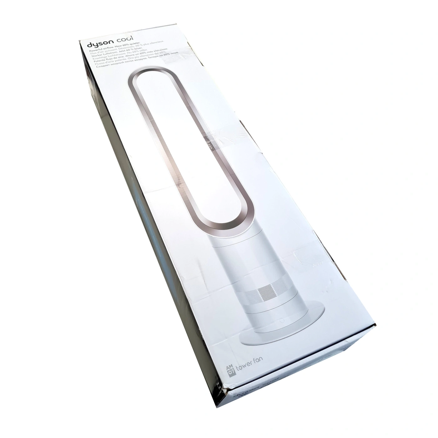 Verpackung eines Dyson Cool Turmventilators mit Beschreibung in verschiedenen Sprachen