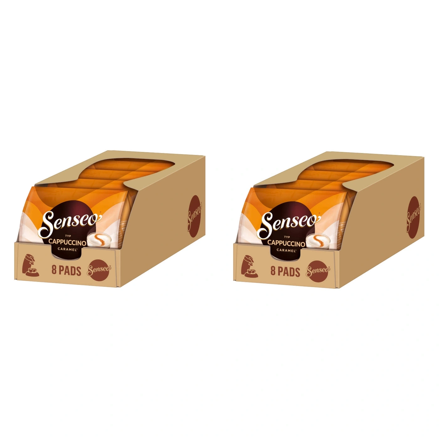 Zwei Senseo Cappuccino Caramel Packungen mit 8 Pads. Kaffee-Pads in Kartons.