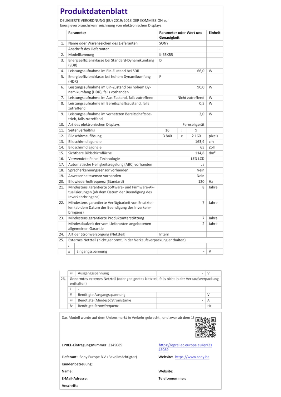 Produkt-Datenblatt: Energieverbrauchskennzeichnung, Fernseher, Bildschirmauflösung, Energieeffizienzklasse, Leistungsaufnahme.