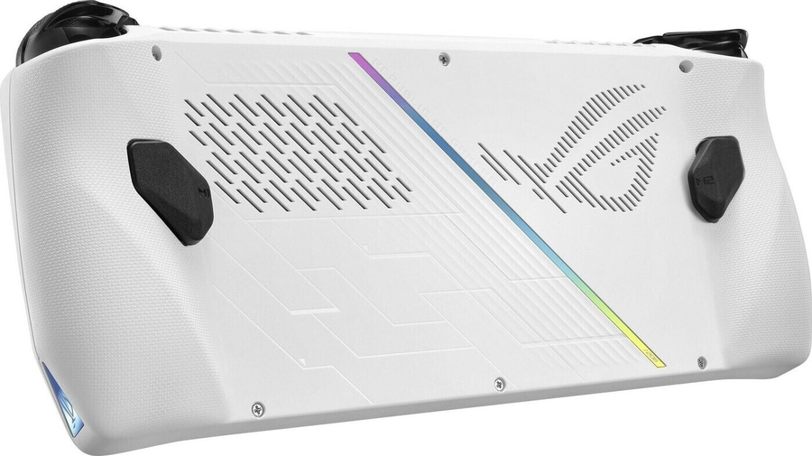 Weißes Gaming-Handheld-Gerät mit schwarzen Knöpfen und farbigen Akzenten. ROG-Logo.