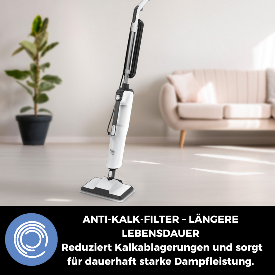 Dampfreiniger mit "Anti-Kalk-Filter" Aufschrift und einem Symbol.