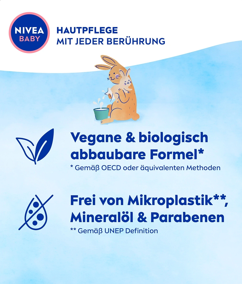 NIVEA BABY Hautpflege mit jeder Berührung, vegane und biologisch abbaubare Formel, frei von Mikroplastik, Mineralöl & Parabenen.