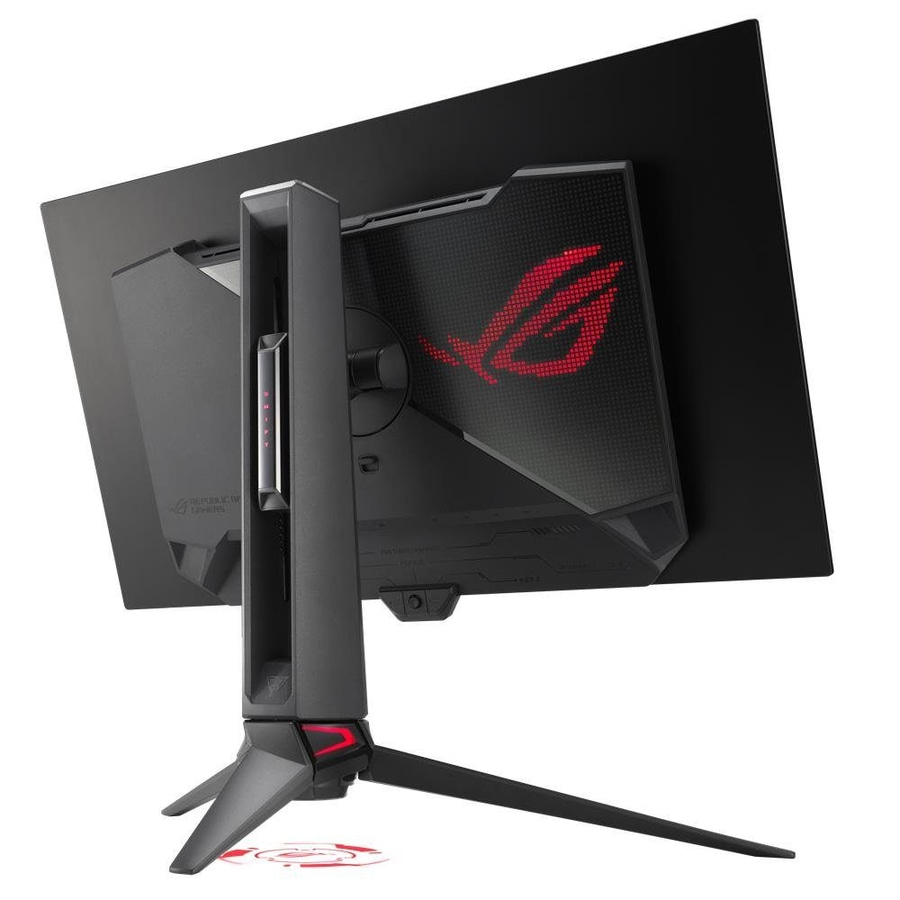 Ein schwarzer Gaming-Monitor mit ROG-Logo und rotem Akzent. Ein Ständer mit drei Beinen.