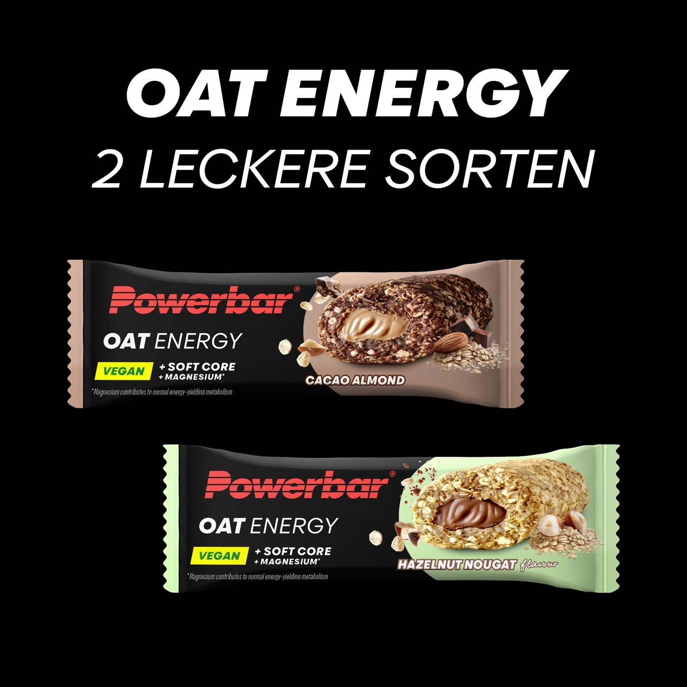 Zwei Powerbar Oat Energy Riegel: Cacao Almond und Hazelnut Nougat.