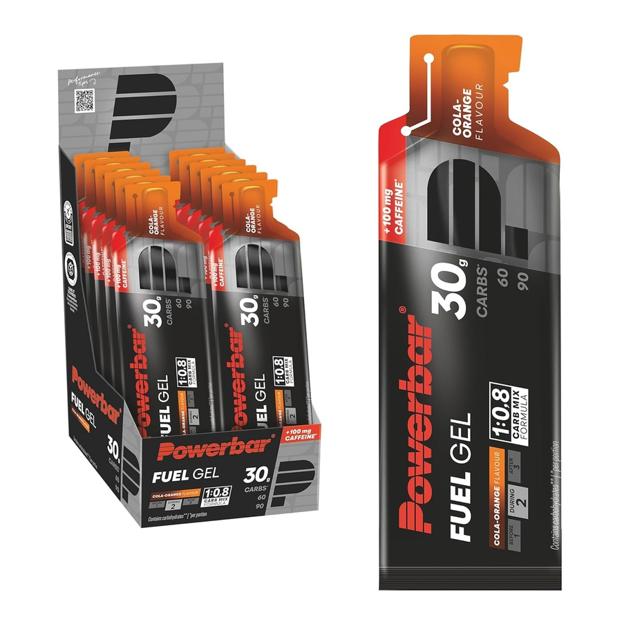 Powerbar Fuel Gel Cola-Orange Geschmack in einer Box und einzeln.