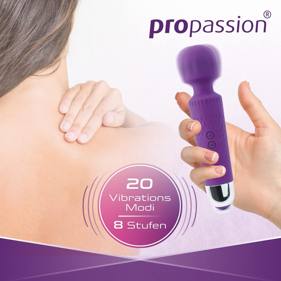 Lila Massagegerät, 20 Vibrationen, 8 Stufen, Frau berührt Schulter, Entspannung