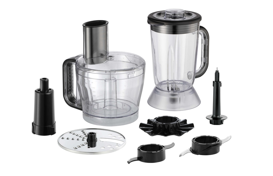 Küchenmaschine mit Zubehör: Mixer, Schneideplatten, Messer, Behälter, Zerkleinerer.