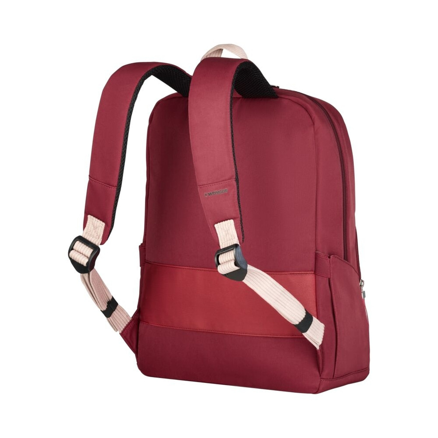 Burgunderfarbener Rucksack mit cremefarbenen Trägern und schwarzen Schnallen. Wenger.