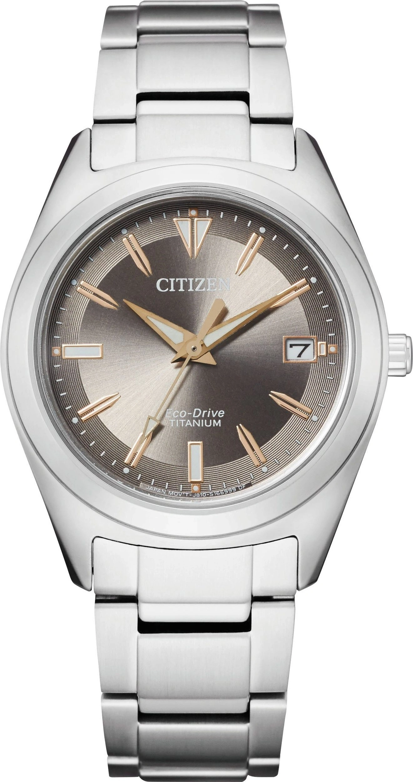 Herrenuhr Citizen Eco-Drive Titanium mit silbernem Armband und grauem Zifferblatt mit Datumsanzeige und goldenen Akzenten