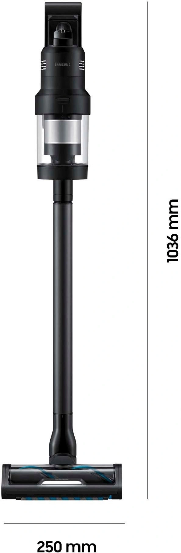Ein schwarzer Samsung Akku-Staubsauger mit einem transparenten Behälter und blauen Akzenten, der für Bodenreinigung konzipiert ist.