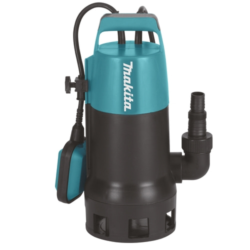 Makita Tauchpumpe, blau-schwarz, mit Schwimmer und Auslass, für Wasser.