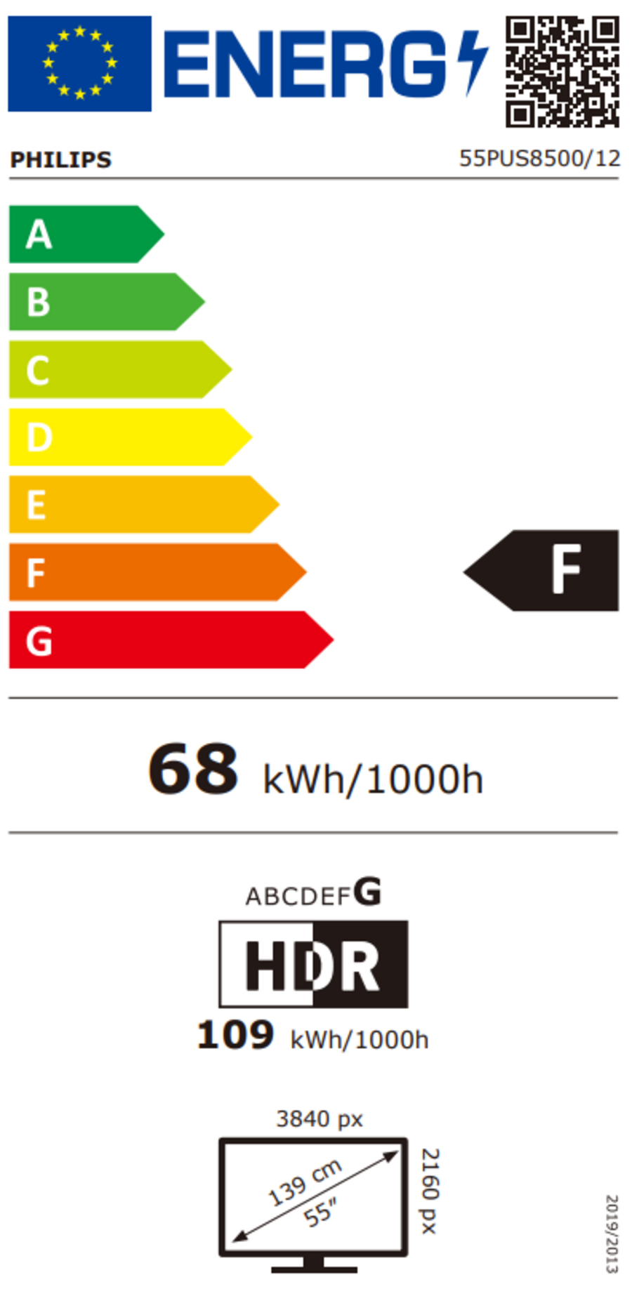 Energieeffizienzlabel für Philips Fernseher, Energieklasse F, 68 kWh/1000h, HDR.